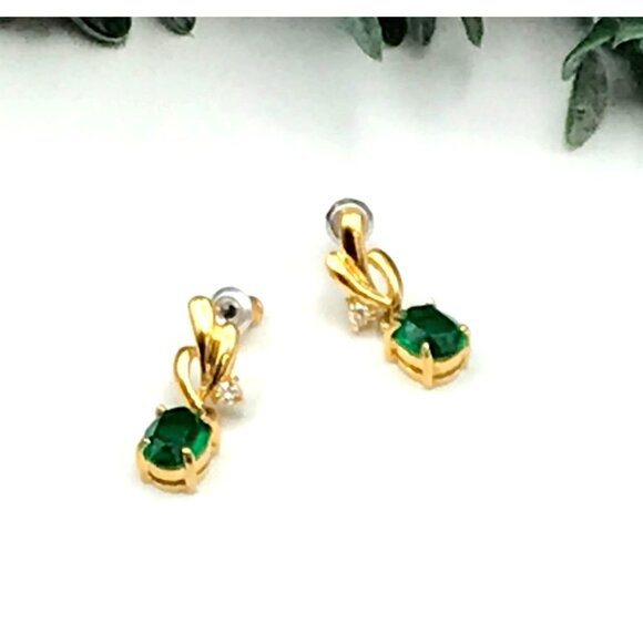 Vintage Style Gold-Tone Drop Earrings With Green Gemstone & Small Cubic Zirconia - Picture 8 of 8